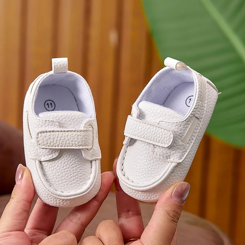 Baby Soft-Sole Loafer Shoes with Hook-and-Loop Straps, PU Leather Prewalker Moccasin Style