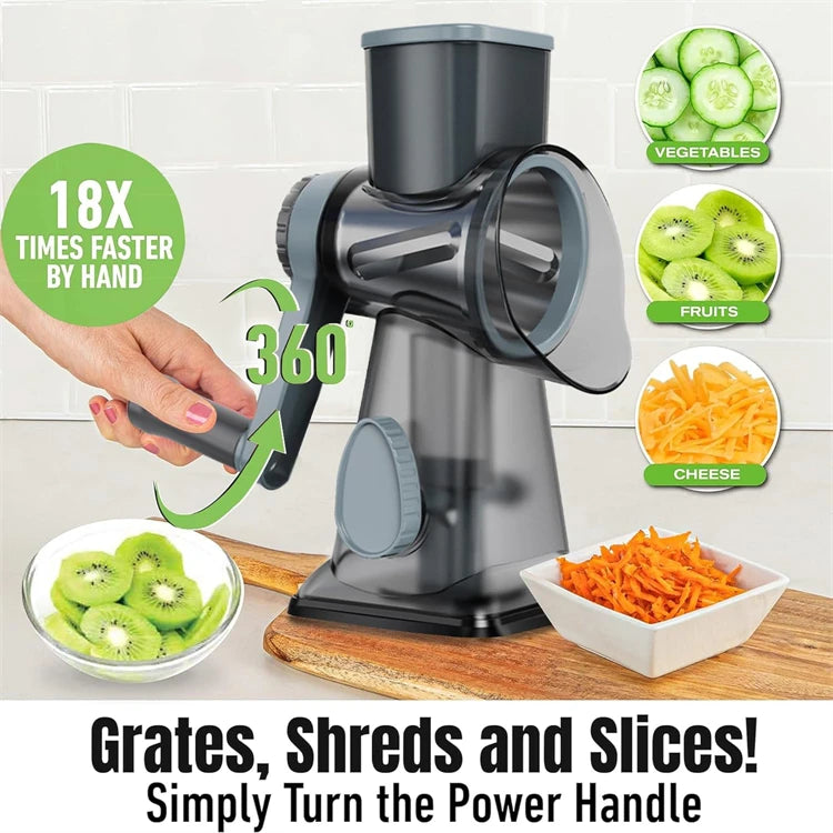 3-in-1 Rotary Cheese Grater – Manual Vegetable Slicer and Nut Grinder with Stainless Steel Blades
