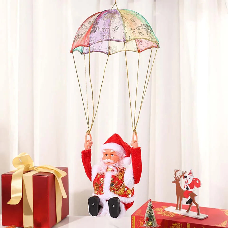 Battery-Operated Musical Santa Claus Parachute Ornament with Animated Flipping Motion, Hanging Indoor Christmas Decoration