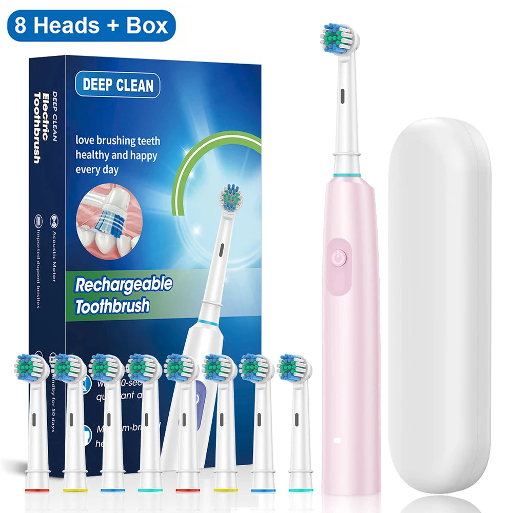 Rechargeable Rotating Electric Toothbrush for Adults, Deep Cleaning, 8 Soft Replacement Brush Heads Included
