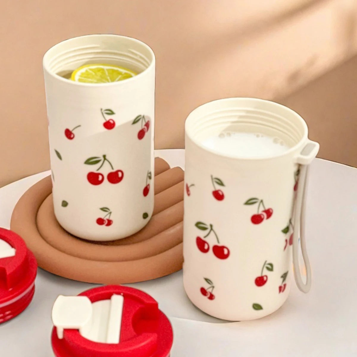 Cherry Pattern Plastic Tumbler Cup with Rope – 350–400ml Reusable Water, Coffee & Milk Mug