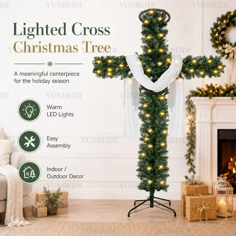 Cross-Shaped Artificial Christmas Tree with Metal Stand, 150 or 180 cm Green PVC Religious Holiday Decoration with Optional USB Lights
