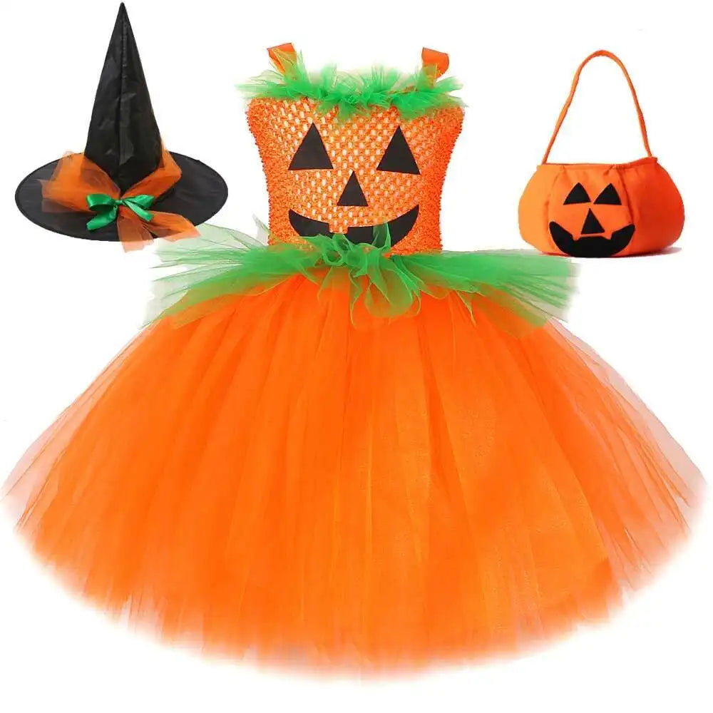 Girls Pumpkin Witch Costume – Halloween Fancy Dress Outfit with Tutu for Kids, Carnival & Party Wear