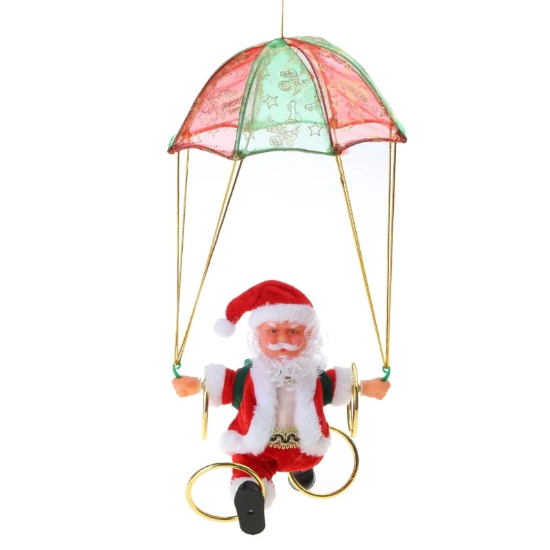 Battery-Operated Musical Santa Claus Parachute Ornament with Animated Flipping Motion, Hanging Indoor Christmas Decoration