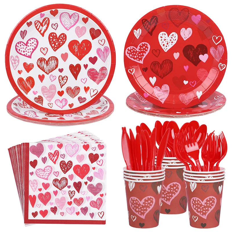 Love Heart Disposable Tableware Set – Paper Plates, Cups, Napkins & Tablecloth for Valentine’s Day, Wedding, Anniversary & Party Decor