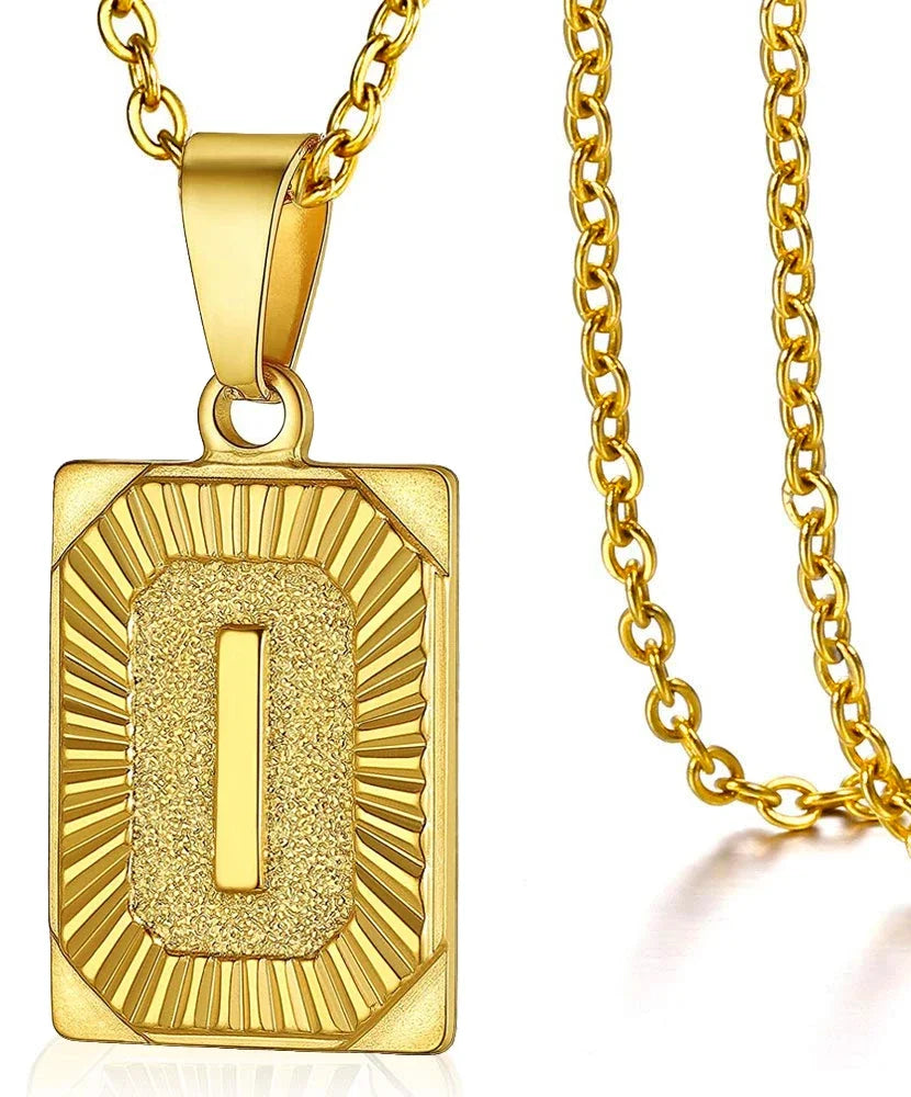 Initial Letter Pendant Necklace – Stainless Steel Cuban Link Chain, Square Charm Alphabet Necklace for Men & Women, Couple Gift Jewelry