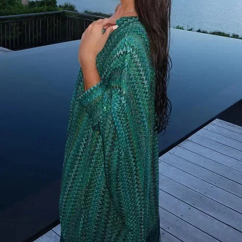 2025 Vintage Glam Off-Shoulder Maxi Dress for Women – Elegant Striped Tassel Design with Matching Scarf, Long Sleeve Evening Party Gown