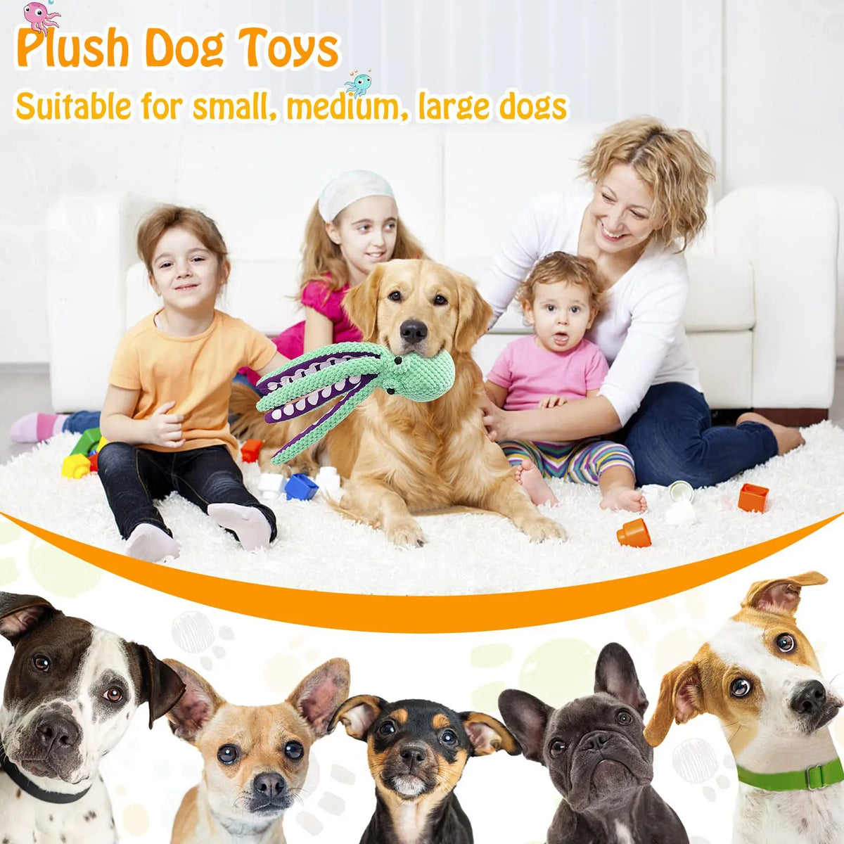 Plush Pet Chew Toy with Octopus and Food Designs