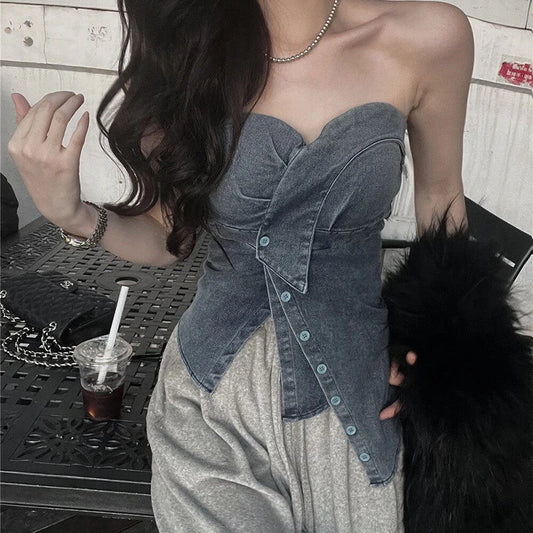 Harajuku Y2K Irregular Denim Tank Top for Women – Backless Streetwear Camisole, Korean Summer Fashion 2025