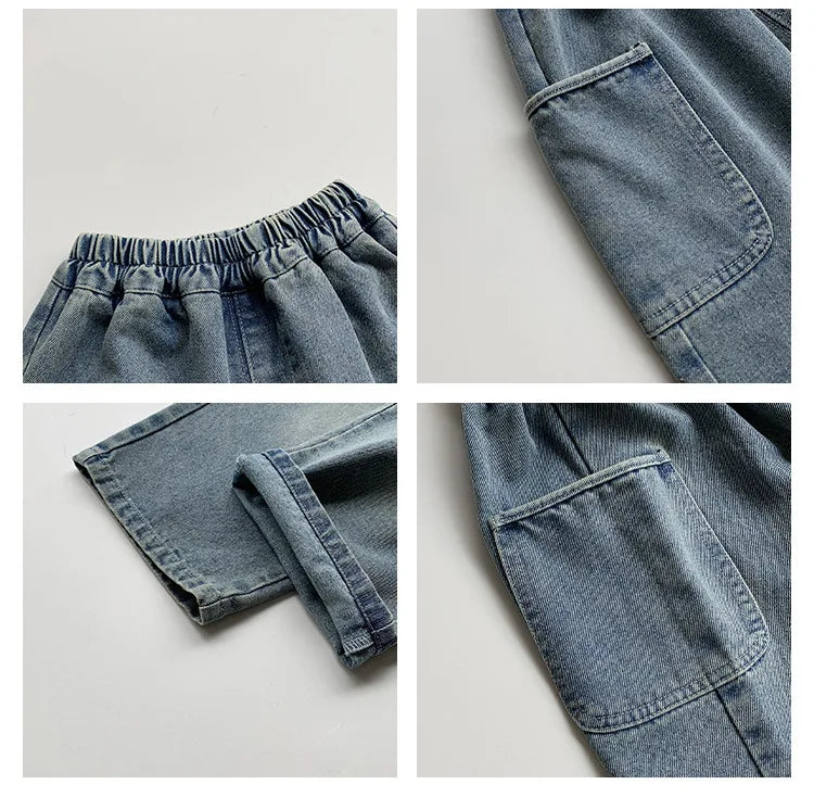 New Fashion Childrens Spring and Autumn  Casual Pants for Small and Medium Sized Children Side Pocket Grinding White Boys Jeans