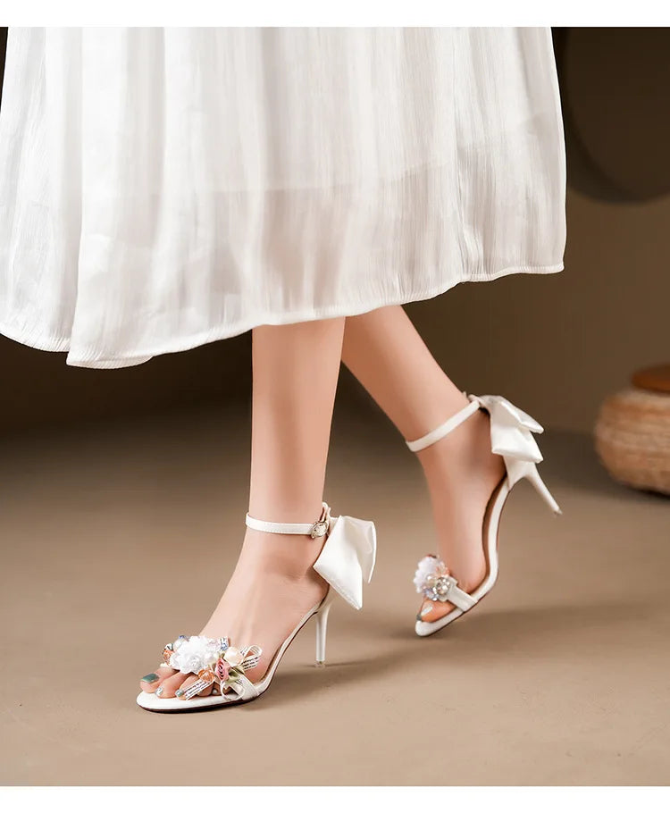Women’s Open Toe High Heel Sandals – Satin Flower Bow, Buckle Strap, Elegant Dress & Wedding Shoes