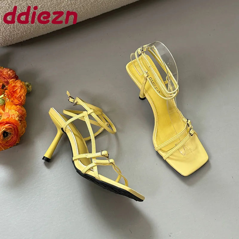 Women's Thin Heel Sandals – Ankle Buckle, Square Toe, Shallow Pumps, Fashion High Heels Footwear