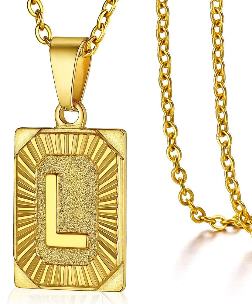 Initial Letter Pendant Necklace – Stainless Steel Cuban Link Chain, Square Charm Alphabet Necklace for Men & Women, Couple Gift Jewelry