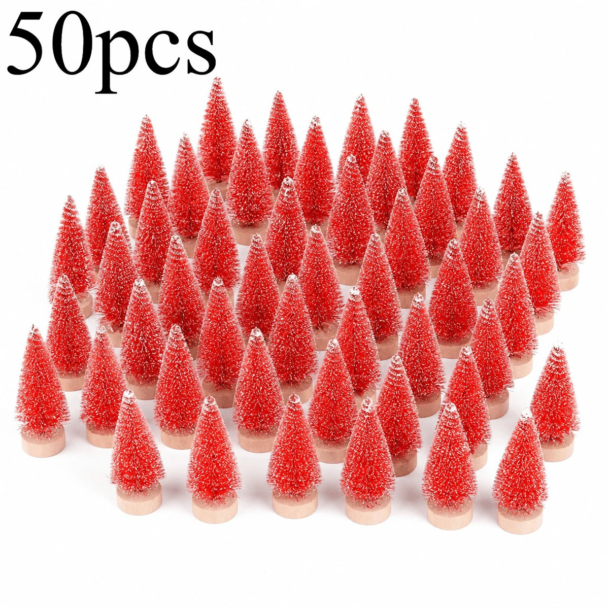 50-Piece Mini Snow-Flocked Bottle Brush Christmas Tree Set with Wooden Bases for Holiday Villages, Tabletop Displays and DIY Winter Crafts