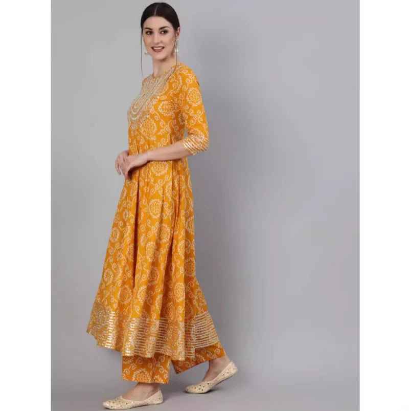 Women's Yellow Printed Cotton Indian Traditional Kurta Set with Pants & Dupatta (3-Piece)
