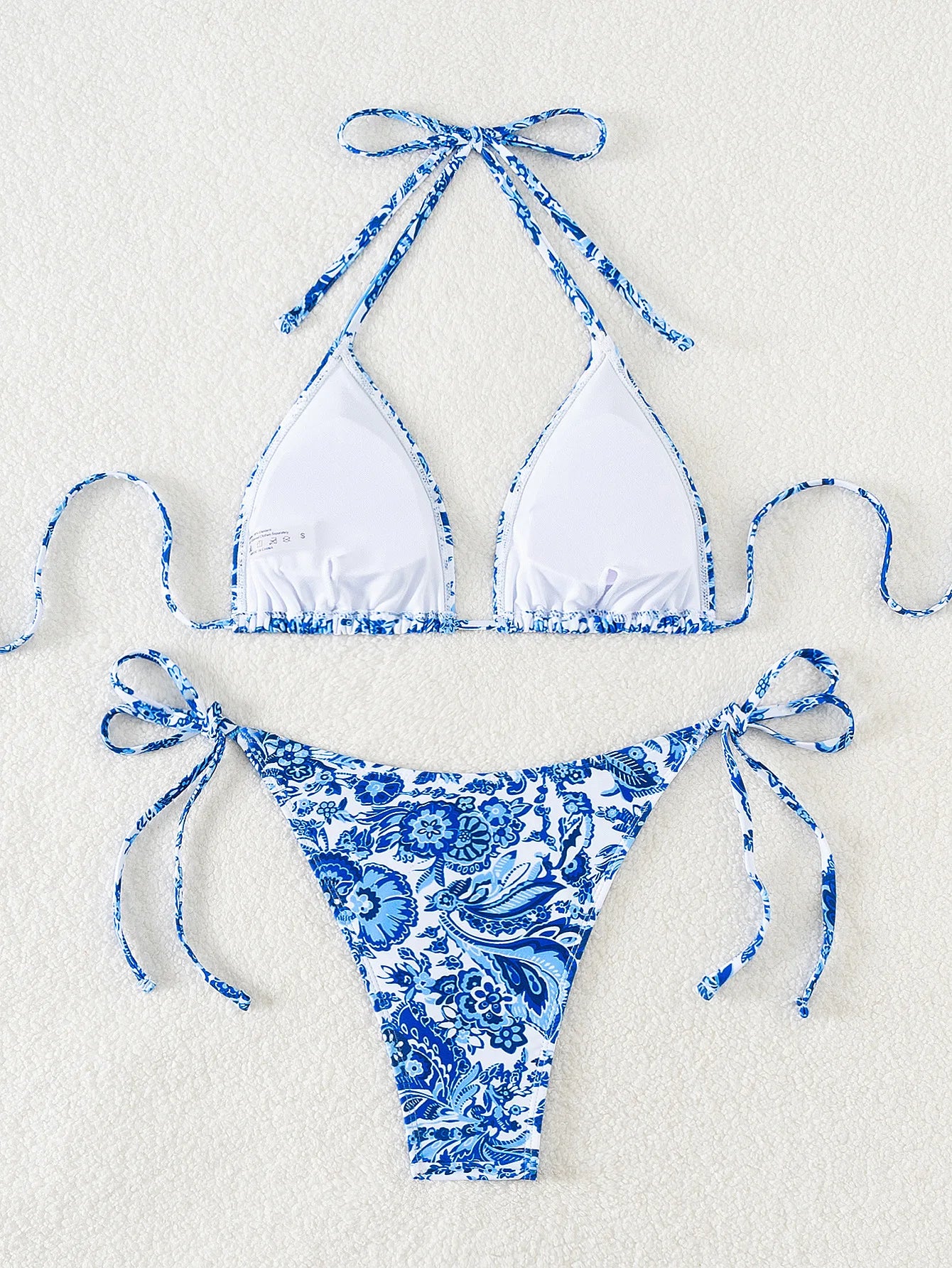 Women’s Blue Floral Print 2-Piece Bikini Set – Push-Up Bra and Thong Swimsuit for Beach and Swimwear