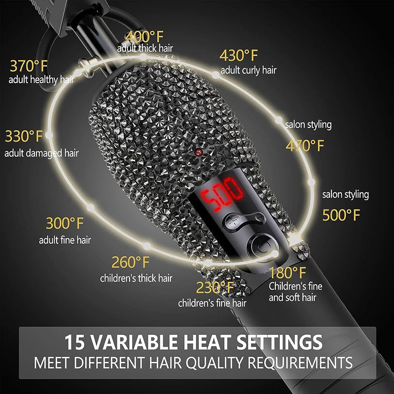 Electric Hot Comb Hair Straightener with Rhinestone Design and LCD Display