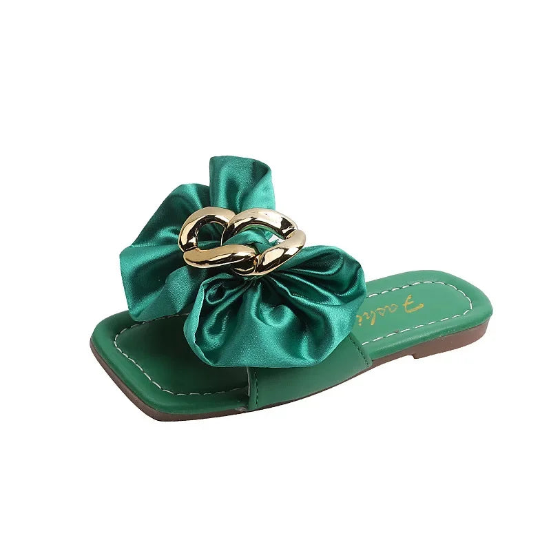 Girls' Satin Bow Versatile Slippers – 2025 Summer New | Green Simple Style Kids' Fashion Flat Flip-Flop Beach Shoes