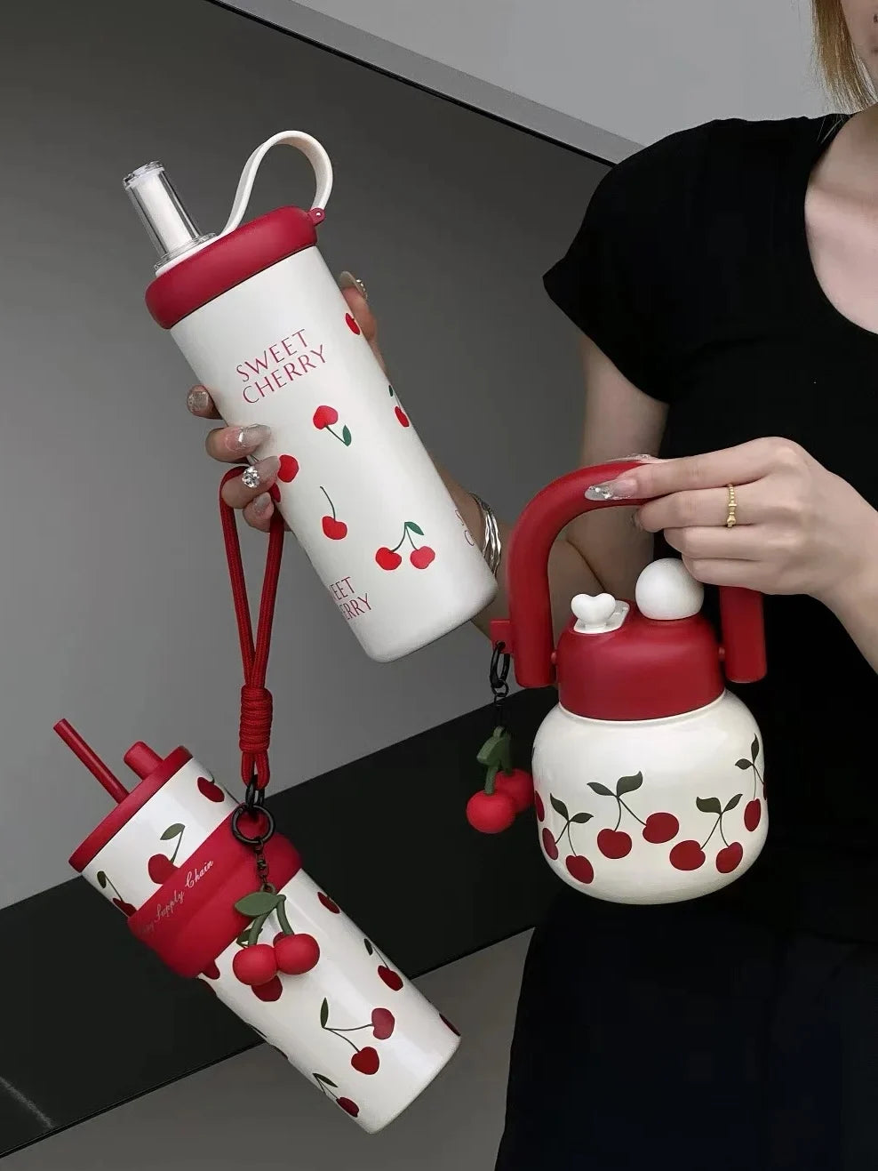 Portable Cherry Series Stainless Steel Insulated Straw Tumbler – Double-Wall Vacuum Travel Water Bottle for Hot & Cold Drinks