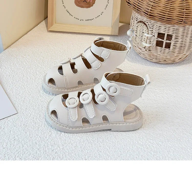 Kids High-Top Beach Shoes – Hollowed-Out Princess Sandals with Hook & Loop Strap | Trendy Summer Solid Color Children’s Sandals