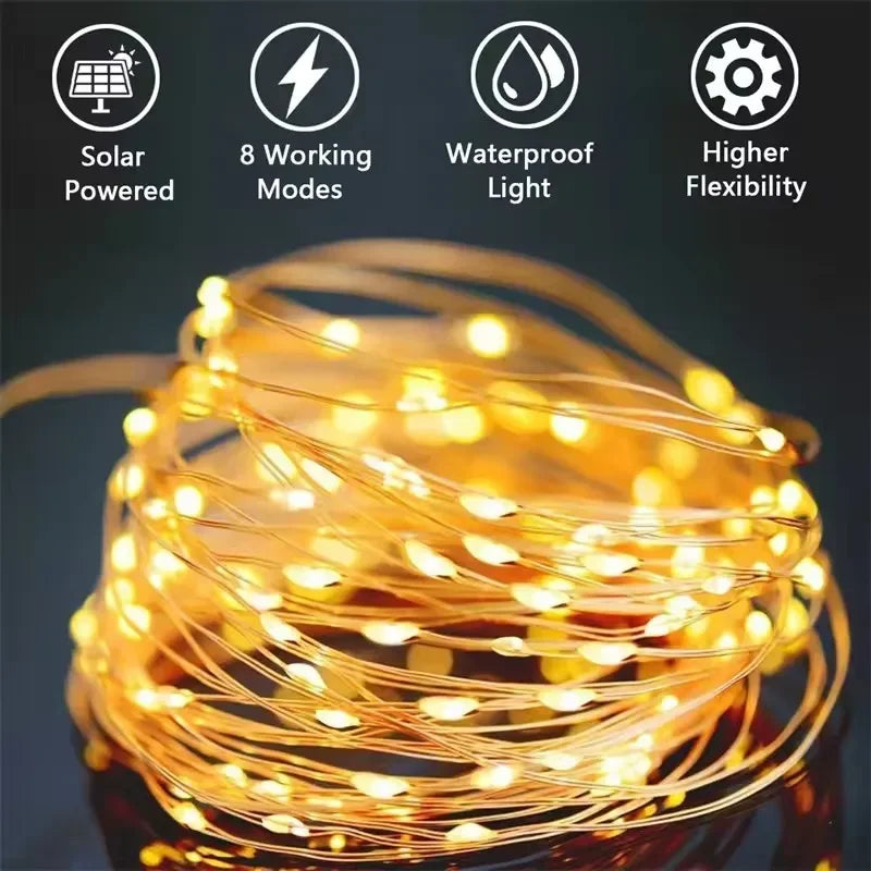 Solar LED Fairy String Lights with Flexible Copper Wire for Garden, Patio, Tree and Christmas Party Decorating