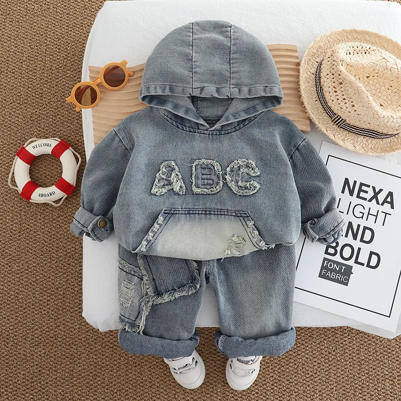 2025 Spring Autumn Children's Clothing Sets Baby Boys Girls Casual Hooded Letter Denim Sweatshirt+Jeans 2pcs Suit Kids Tracksuit