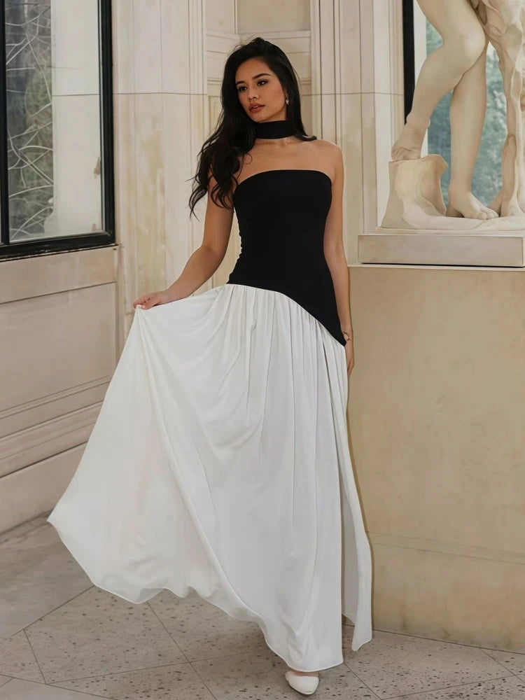 Elegant Pleated Long Dress for Women – Off-Shoulder, Scarf Neck, High Slit | Party & Evening Gown