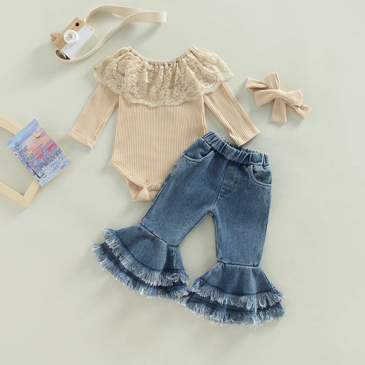 3-24M Newborn Infant Toddler Baby Girls Clothes Set Lace Knit Romper Ruffle Denim Pants Jeans Fashion Fall Outfits D01 ma&baby