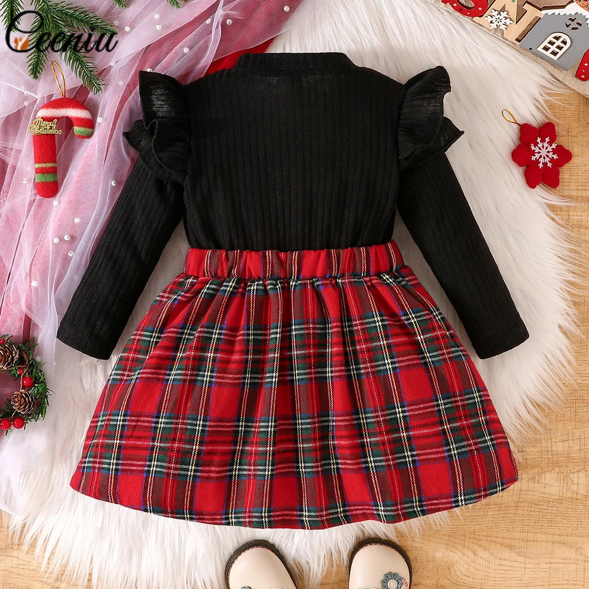 Baby Girl New Year Dress – Green Christmas Tree Print Outfit, “My First New Year” Costume for Newborns & Toddlers