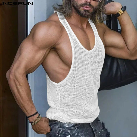 INCERUN Men’s Tank Tops – Mesh Transparent O-Neck Sleeveless Vests – Streetwear Summer Breathable Fashion 2024 – Available in Sizes S-5XL