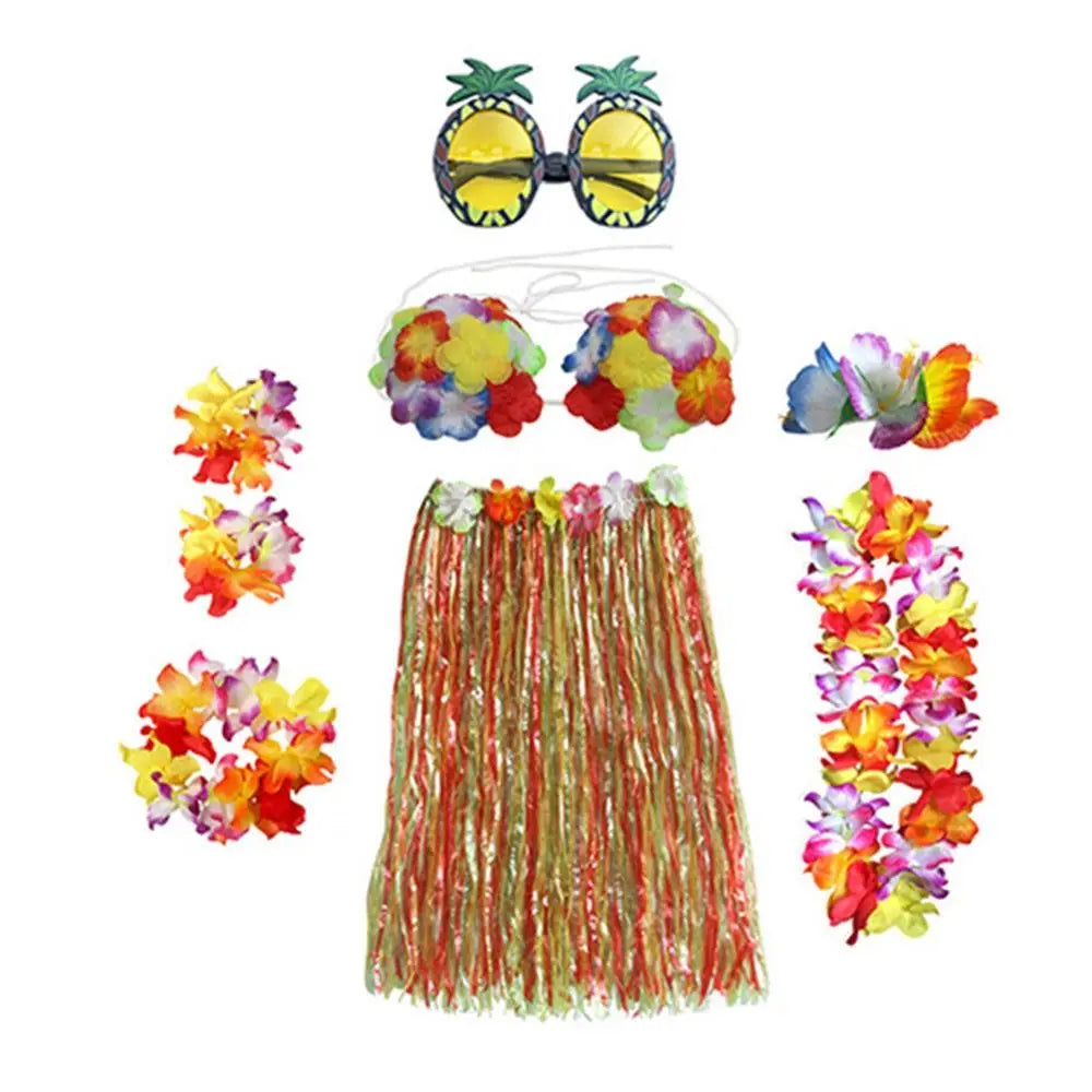 8-Piece Hawaiian Hula Costume Set – Grass Skirt, Flower Lei Necklace, Headband, Anklets & Bracelets for Parties and Dress-Up