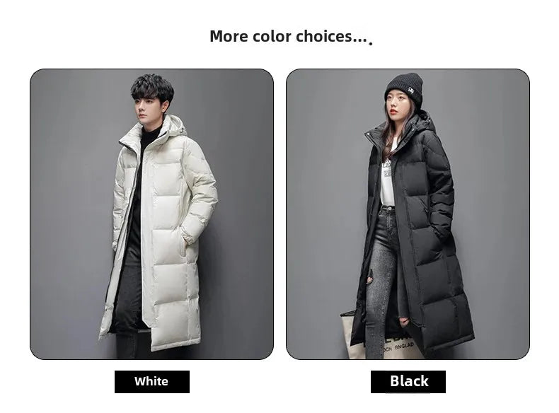 Winter Long White Down Jackets Men Women Hooded Thick Warm Over-the-Knee Puffer Jacket Man Overcoats Couple Padded Down Coat