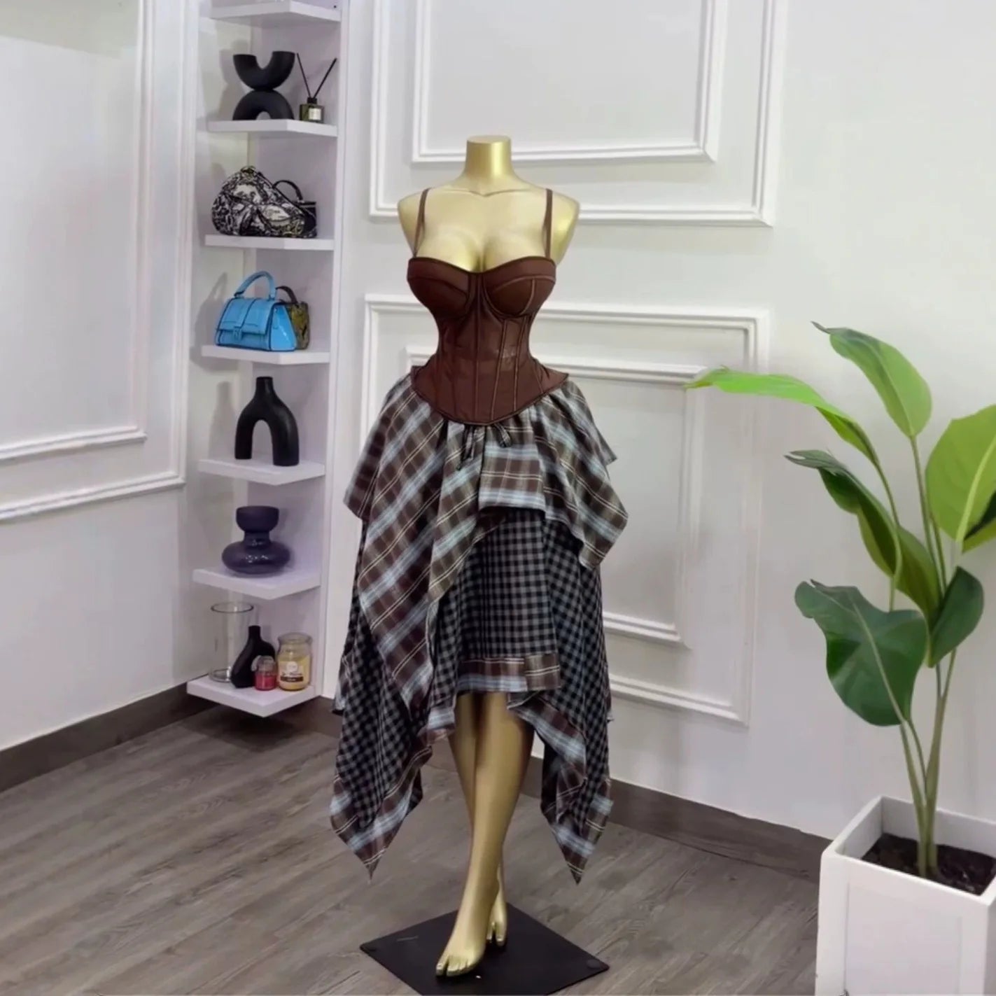 Y2K Retro Brown 2-Piece Mesh Bustier Top and Plaid Skirt Set