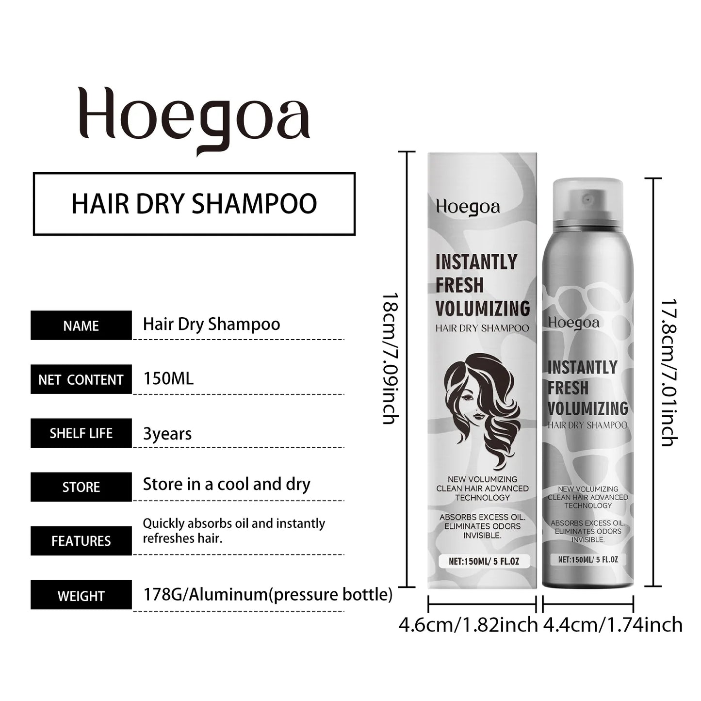 Volumizing Dry Shampoo Spray – Adds Volume, Absorbs Oil & Eliminates Odor, Instant No-Wash Hair Refresh (150ml)