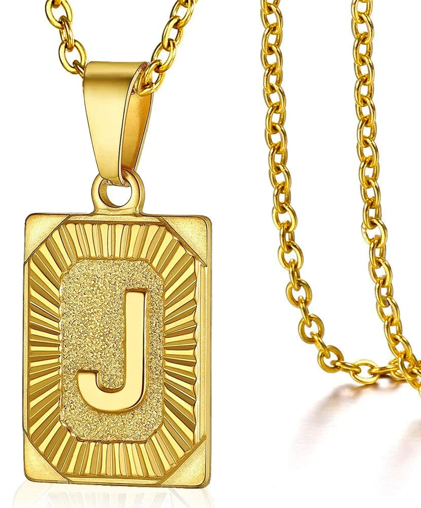 Initial Letter Pendant Necklace – Stainless Steel Cuban Link Chain, Square Charm Alphabet Necklace for Men & Women, Couple Gift Jewelry