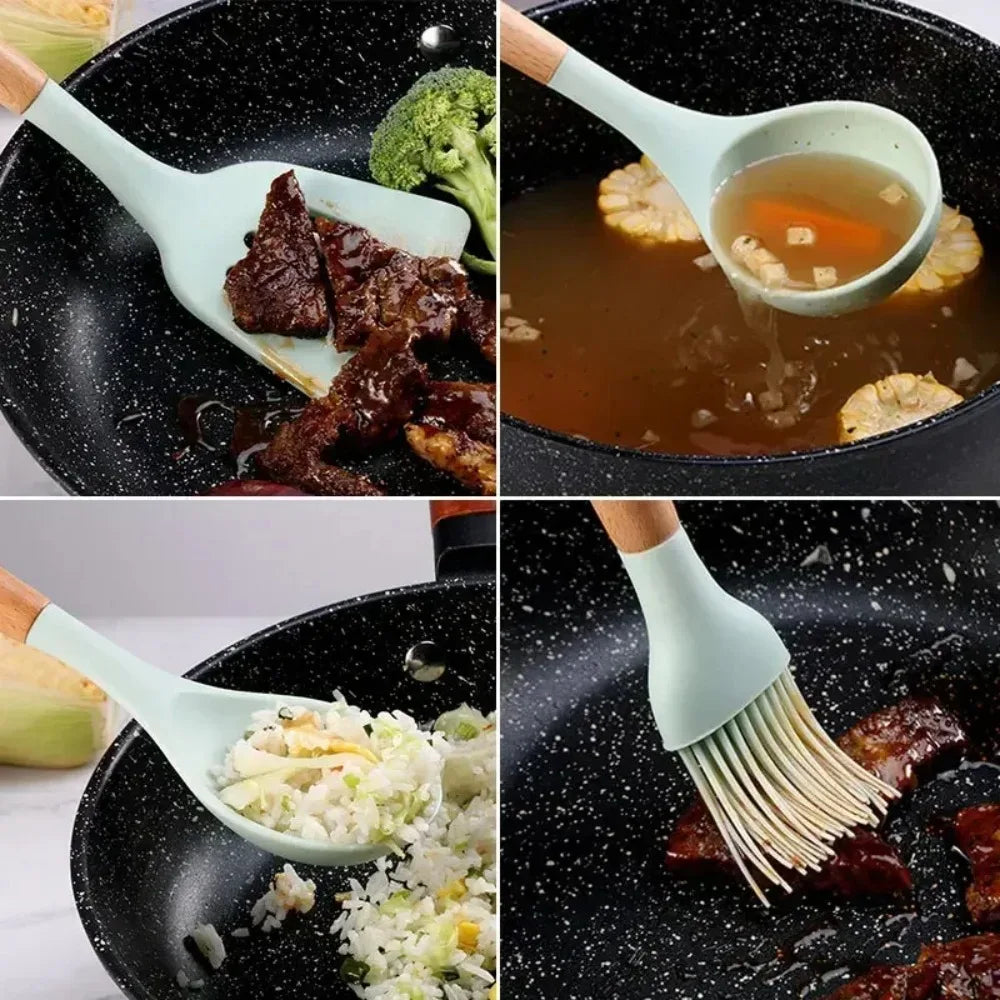 12-Piece Non-Stick Silicone Cooking Spoon Set with Wooden Handles – Heat-Resistant Kitchen Utensils with Storage Container | Ideal for Home & Professional Use