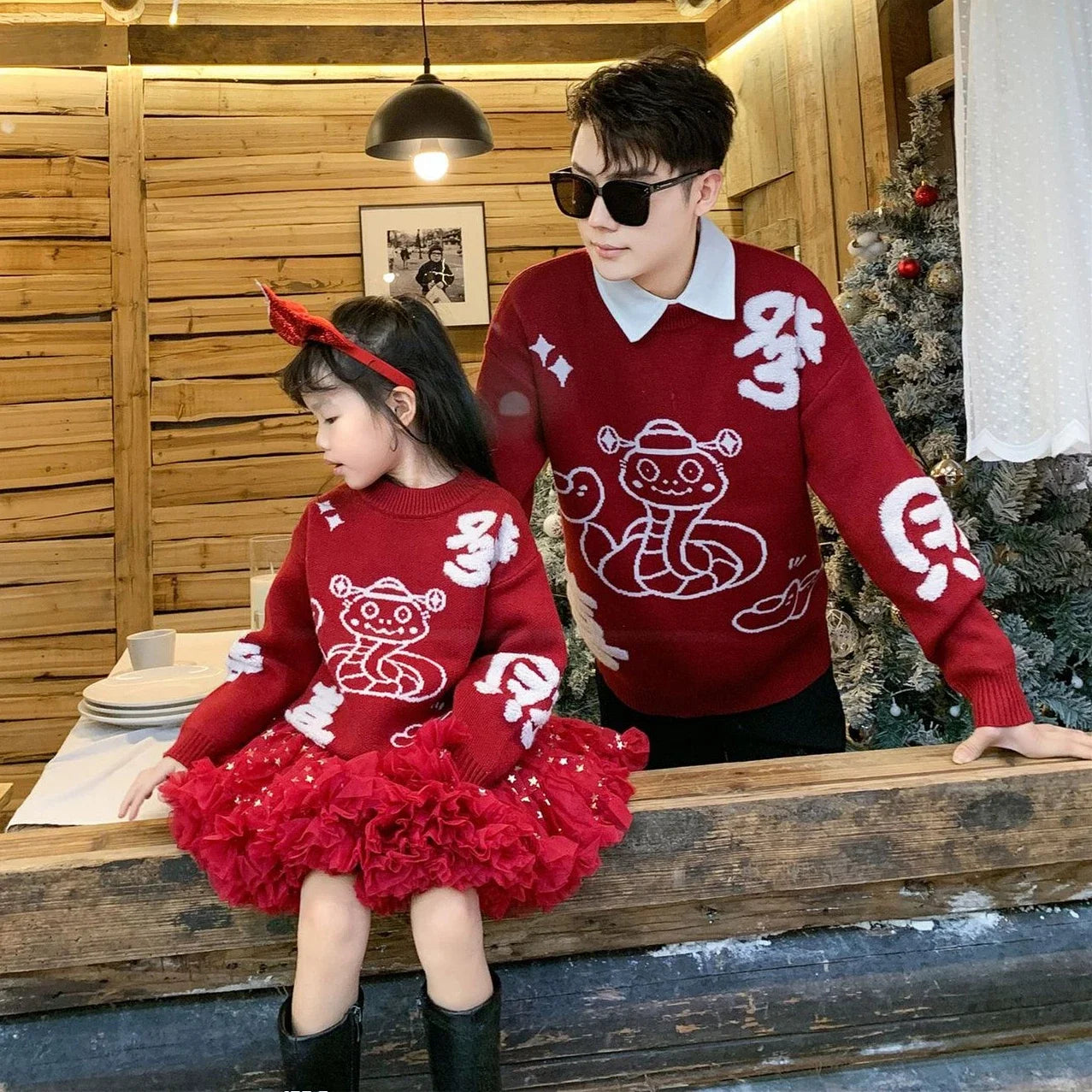 New Year Matching Family Red Chinese Sweater Father Mother and Daughter Son Snake Knit Jumper Infant Baby Knit Romper