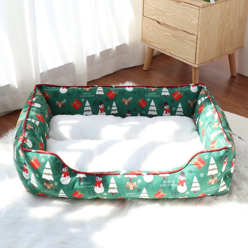 Christmas Cat and Small Dog Bed with Raised Bolster Sides and Soft Sleeping Cushion, Festive Indoor Pet Nest