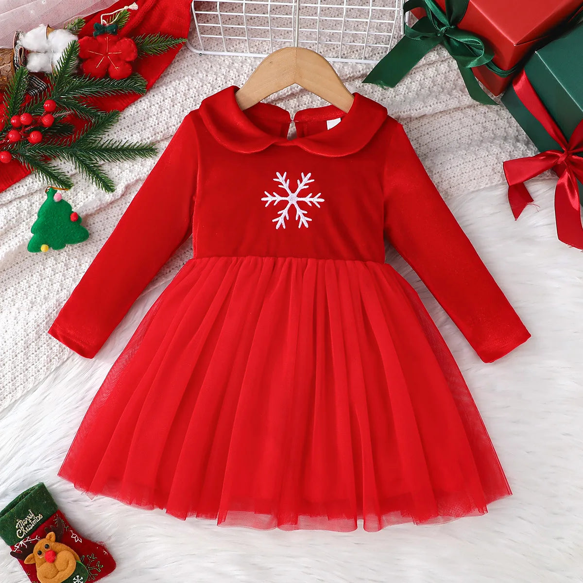 Baby Girl New Year Dress – Green Christmas Tree Print Outfit, “My First New Year” Costume for Newborns & Toddlers