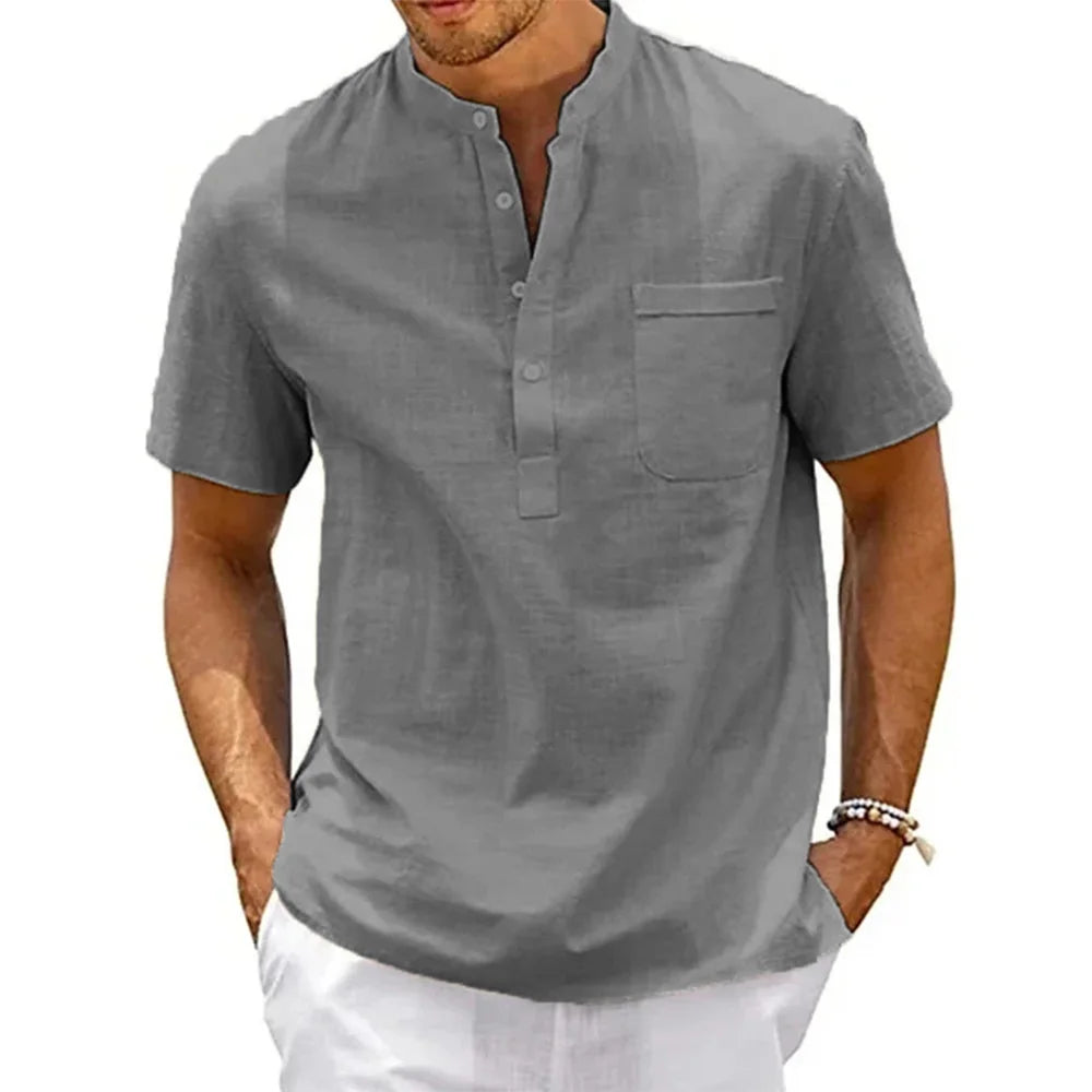 Men’s Cotton Linen Henley Shirt – Casual Short Sleeve Solid Color Beach Top with Pocket, Vintage Streetwear
