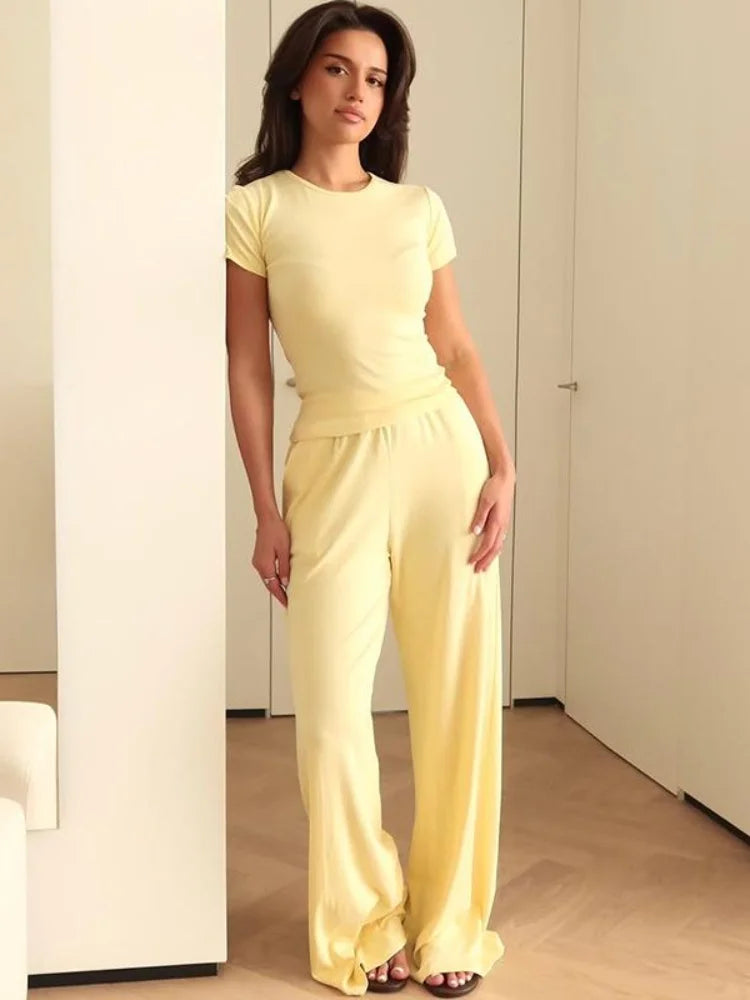 Women’s Casual Two-Piece Set – Slim O-Neck Short Sleeve T-Shirt & Elastic Waist Long Pants, Summer & Autumn Solid Outfits
