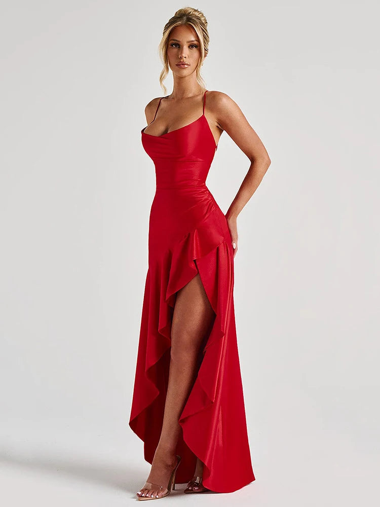 Elegant Spaghetti Strap Satin Split Maxi Dress for Women – Sexy Backless Bodycon Party & Evening Dress, Perfect for Summer Holidays & Beachwear