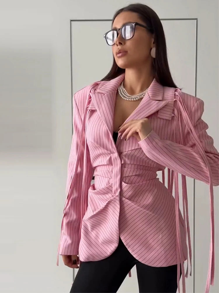 Women's Pinstripe Blazer Jacket with Padded Shoulders, Fitted Waist, Turn-Down Collar & Detachable Tassel Straps