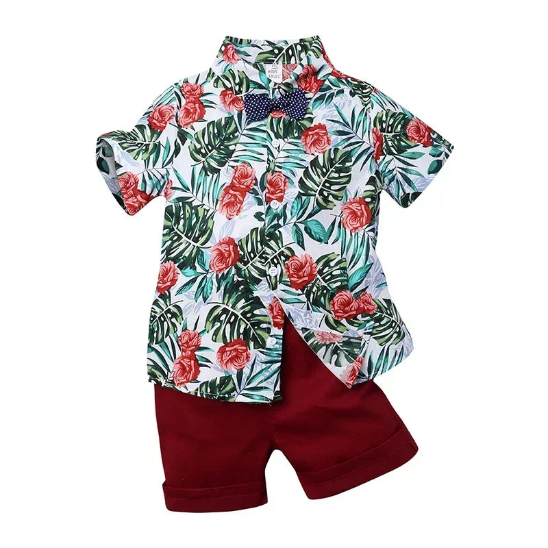 Baby Boys Floral Shirt & Shorts Set with Bowtie, Summer Gentleman Outfit for Infants and Kids