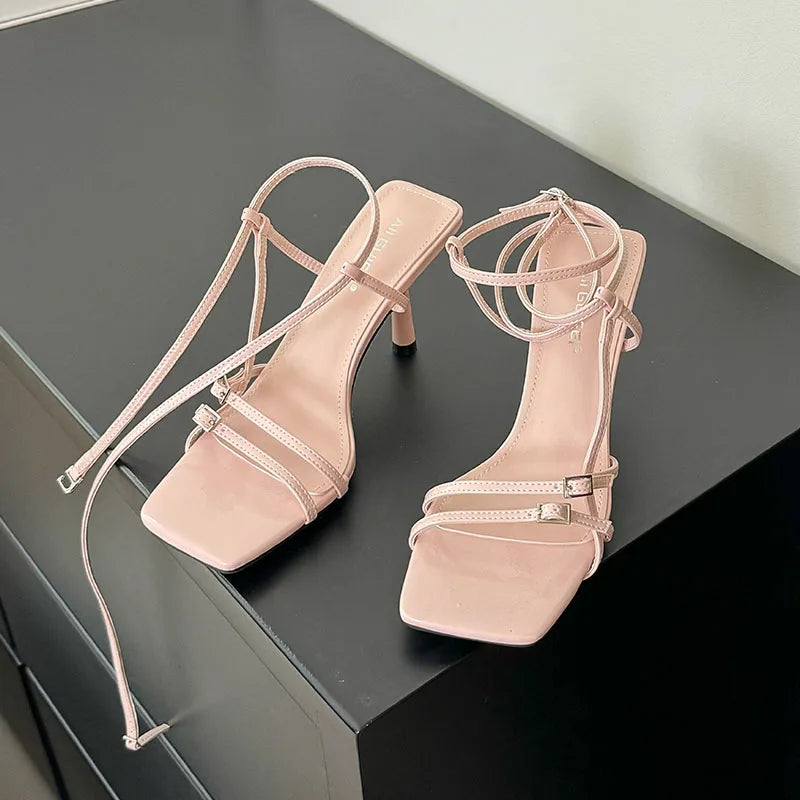 Women's Thin Heel Sandals – Ankle Buckle, Square Toe, Shallow Pumps, Fashion High Heels Footwear