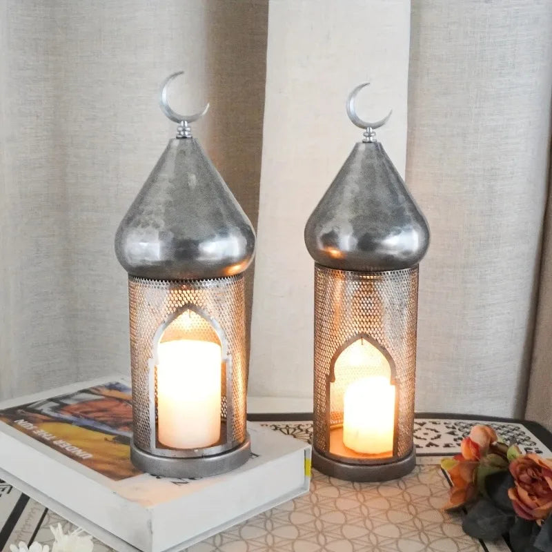 European Style Iron Hollow Wind Light Candle Holder – Ramadan & Eid Islamic Décor, Holiday Lantern for Christmas, Halloween, Parties, Home Decoration & Photography Props