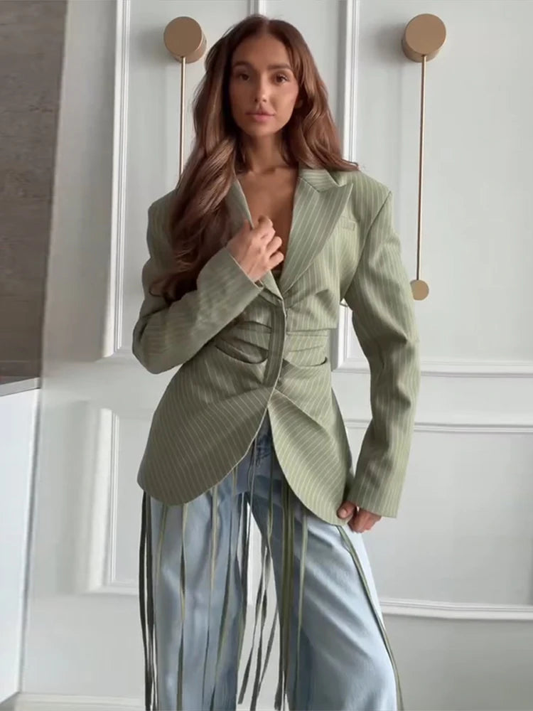 Women's Pinstripe Blazer Jacket with Padded Shoulders, Fitted Waist, Turn-Down Collar & Detachable Tassel Straps