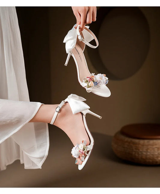 Women’s Open Toe High Heel Sandals – Satin Flower Bow, Buckle Strap, Elegant Dress & Wedding Shoes