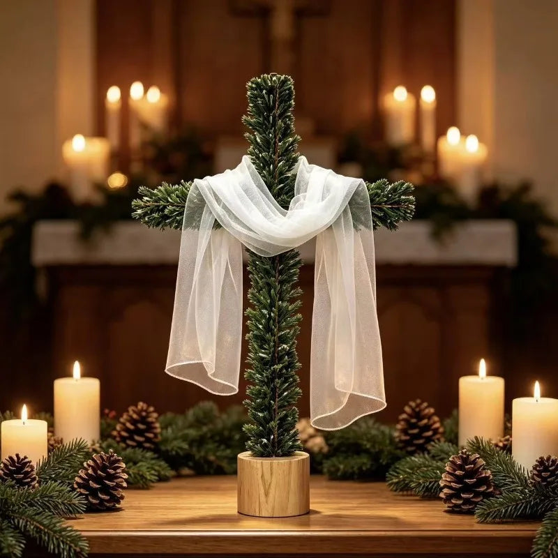 Artificial Pine-Style Greenery Cross with White Fabric Drape and Wood-Look Base for Christmas, Easter and Religious Tabletop Decor