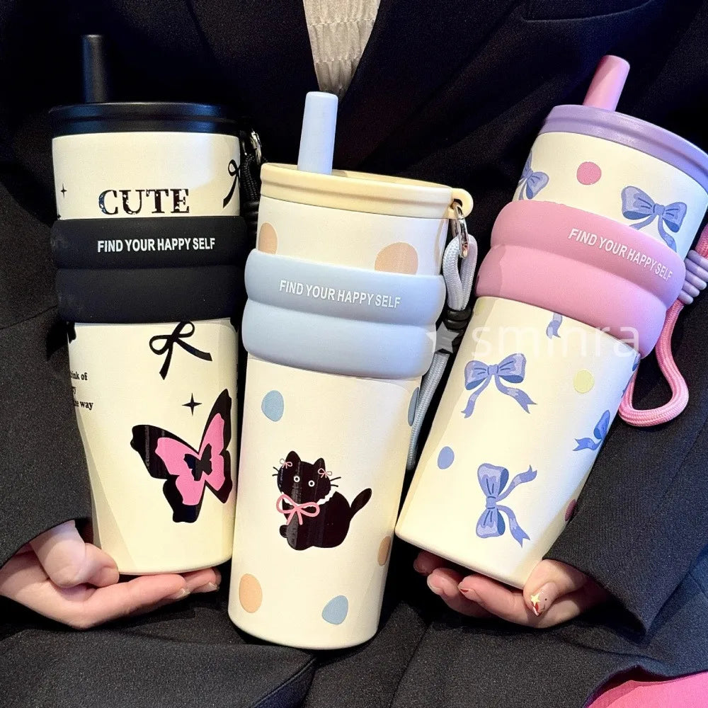 Cute Cat Bow Insulated Water Bottle with Straw – 710ml Stainless Steel Thermal Tumbler with Ceramic Lining, Travel Mug for Tea, Coffee & Cold Drinks